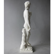 Classical Renaissance male statue with detailed anatomy, standing in contrapposto pose, inspired by old world European sculpture. Other Angle