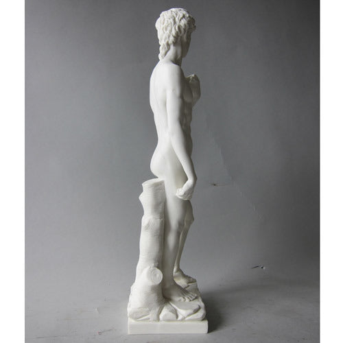 Classical Renaissance male statue with detailed anatomy, standing in contrapposto pose, inspired by old world European sculpture. Other Angle