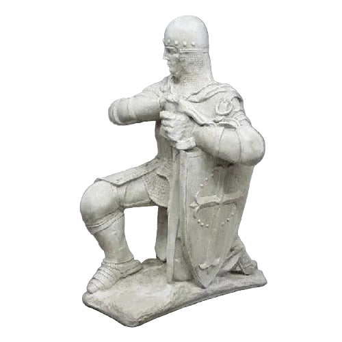 Kneeling medieval knight statue in ornate armor with a cross-emblazoned shield, old world European Gothic style.