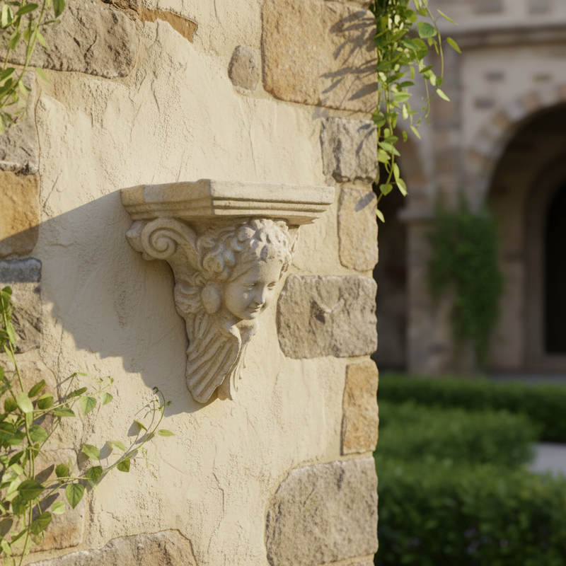 Classical architectural corbel featuring an ornate bearded face with intricate old world European detailing and sculpted hair. Side Angle