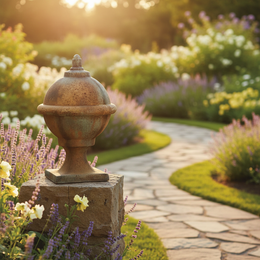 Ornate old world European finial with a rounded, classical urn shape and a square pedestal base, featuring weathered detailing. Side Angle