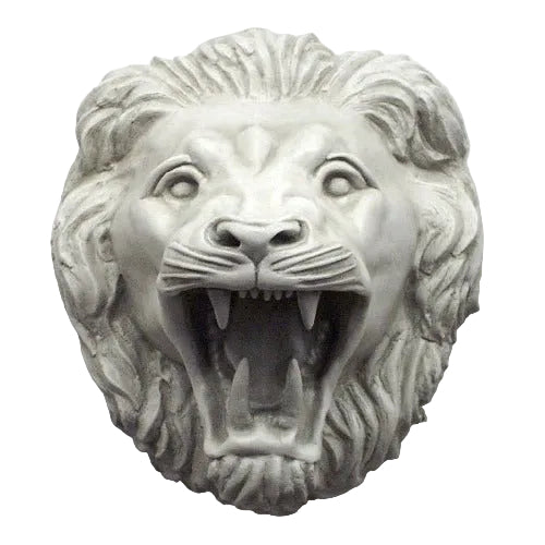 Lion head sculpture with open mouth, classical old world European style, ornate detailing, reminiscent of Renaissance architecture.