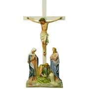 Crucifixion scene with Jesus on the cross, surrounded by mourners in ornate, classical old world European style.