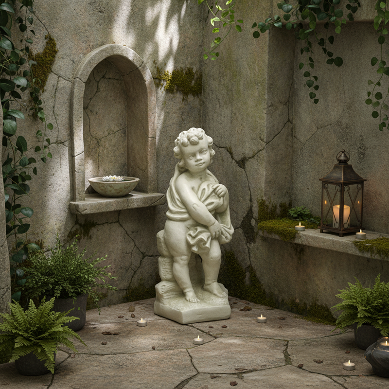 Innocent Cherub with Base Outdoor Statue (24 - Inch) Side Angle