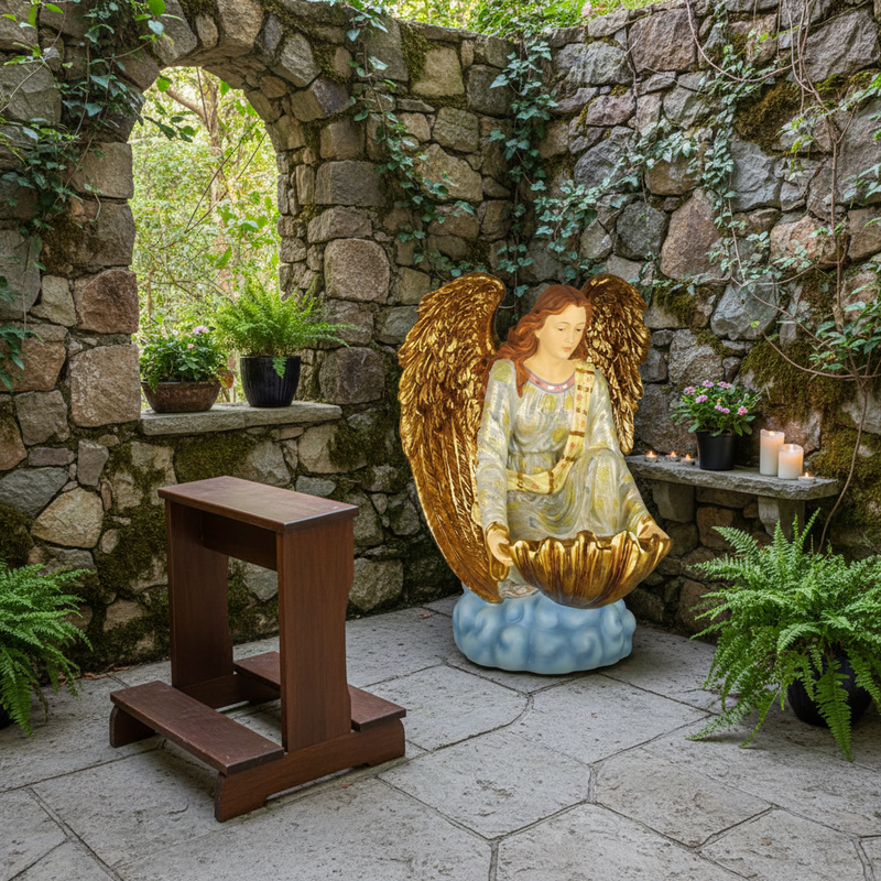 Kneeling Angel With Bowl Outdoor Statue (34 - Inch) Side Angle