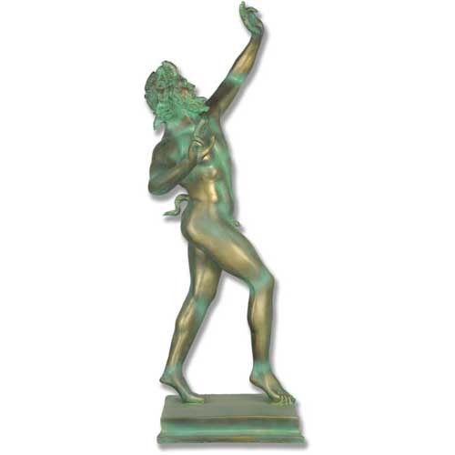 Dancing satyr statue in classical Greek style with ornate, old world European detailing and dynamic, expressive pose.