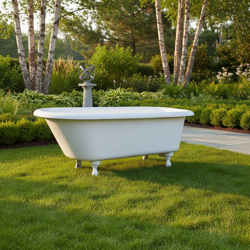 Clawfoot bathtub with ornate, classical old world European design and gently curved edges on decorative feet. Side Angle