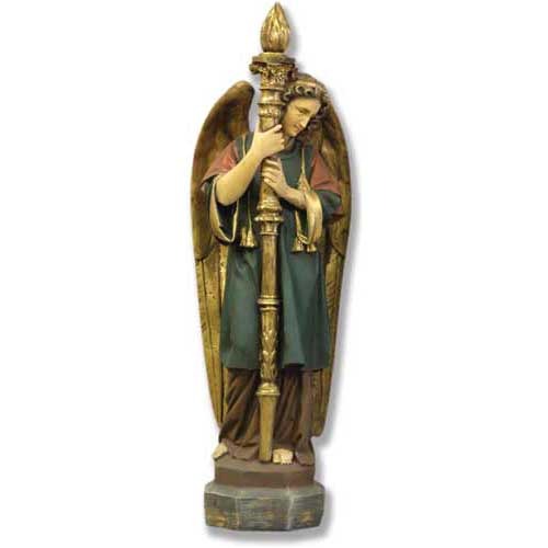 Classical standing angel with large wings holding a tall ornate staff on a rectangular base.