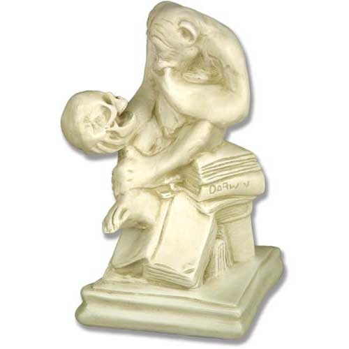 Monkey contemplating a human skull atop stacked books, featuring ornate, old world European and classical sculptural details.