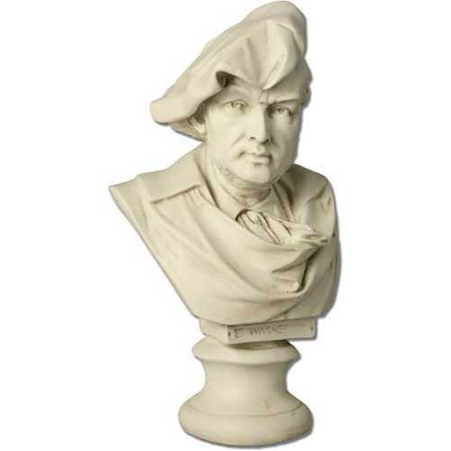 Classical European bust of a man in a beret and draped scarf, featuring ornate Renaissance-inspired detailing.