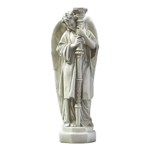 Classical standing angel with large wings holding a tall ornate staff on a rectangular base.