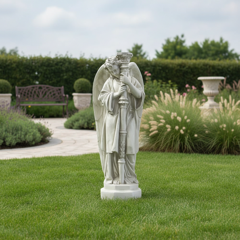 Large Winged Guardian Angels with Candleholder Outdoor Statue (27-Inch)