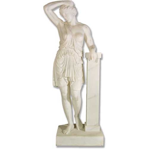 Classical Greek-style statue of a draped figure leaning against a pillar with an ornate, old world European aesthetic.