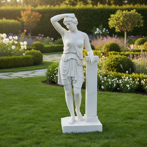 Classical Greek-style statue of a draped figure leaning against a pillar with an ornate, old world European aesthetic. Side Angle