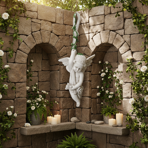 Hanging Ornamental Winged Cherub Figurine Outdoor Statue (27 - Inch) Side Angle