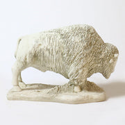 Buffalo sculpture with detailed fur texture, classical old world European style, standing on an ornate base Side View