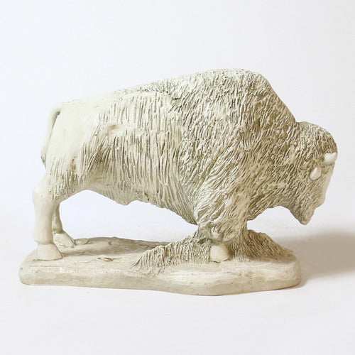 Buffalo sculpture with detailed fur texture, classical old world European style, standing on an ornate base Side View