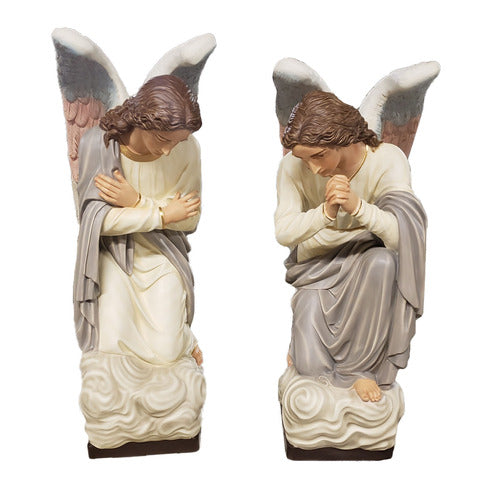 Pair of kneeling angels with hands clasped in prayer or crossed over the chest, featuring large wings on cloud-like bases.