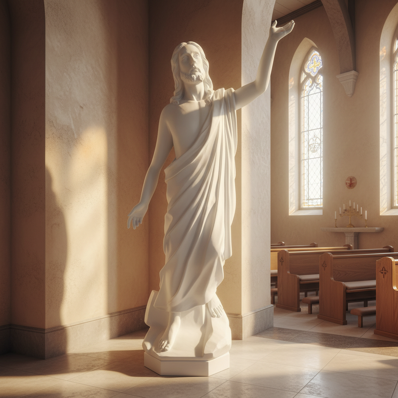 Classical Renaissance-style statue of a robed figure with one arm raised, featuring detailed drapery and serene facial expression. Side Angle