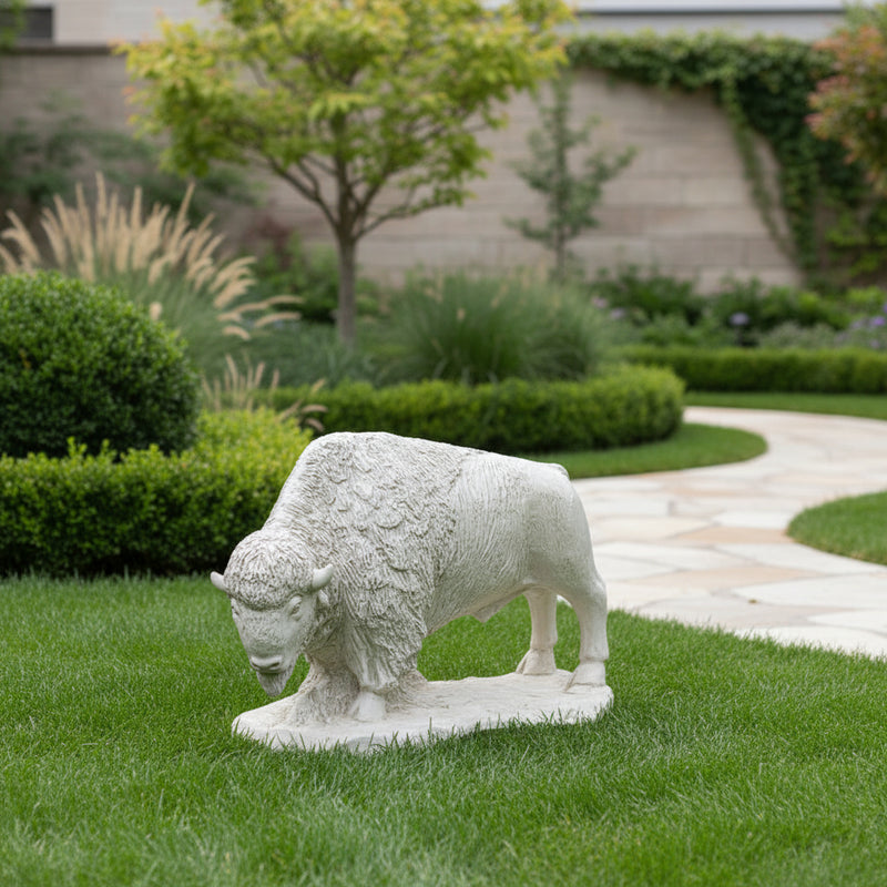 Buffalo sculpture with detailed fur texture, classical old world European style, standing on an ornate base Side Angle