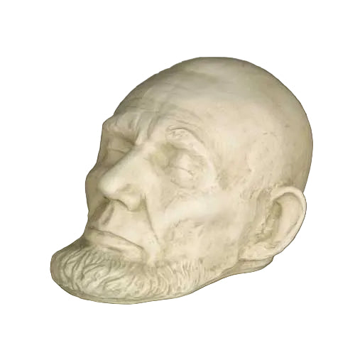 Classical old world European sculpted head with closed eyes, detailed facial features, and a prominent beard in Renaissance style.