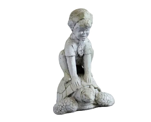 Boy crouching atop a turtle in an old world European style, featuring classical, ornate sculptural details and gentle expression.