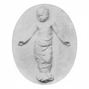 Classical bas-relief of a swaddled child with outstretched arms, featuring ornate old world European Renaissance style detailing.