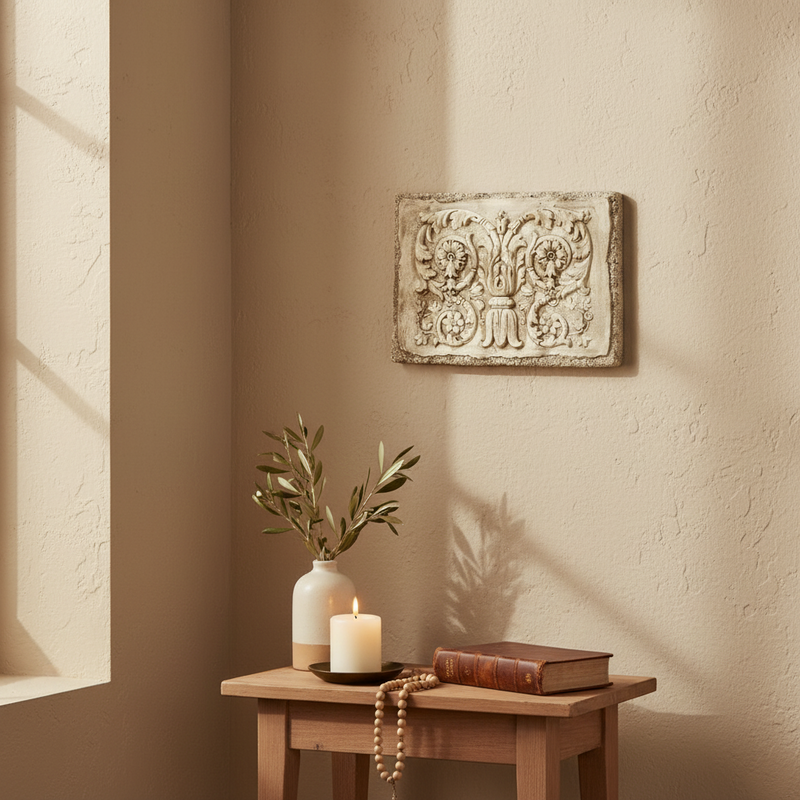 Ornate rectangular plaque featuring classical Baroque scrollwork, acanthus leaves, and floral motifs in old world European style. Side View