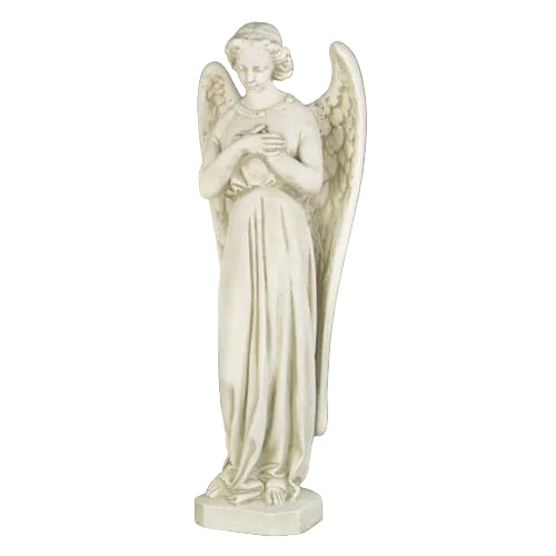 Standing angel with a serene expression and hands in Chest, featuring large wings with leaf/floral patterns on a rectangular base.