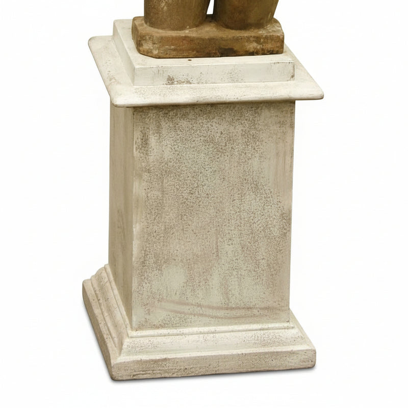 Classical pedestal base with stepped molding and weathered finish, evoking old world European and Renaissance architectural style.