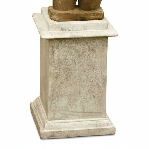 Classical pedestal base with stepped molding and weathered finish, evoking old world European and Renaissance architectural style.