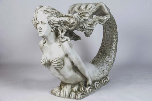Mermaid sculpture with flowing hair and ornate tail, featuring classical and old world European design elements. Other Angle