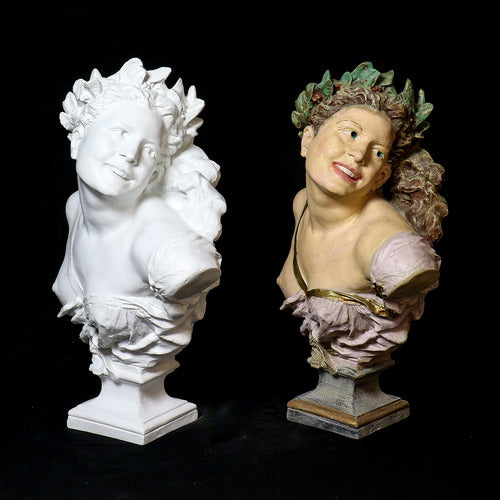 Bust of a smiling woman with laurel wreath, draped garment, and ornate detailing in classical Baroque style. Additional Angle