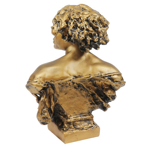 Bust of a woman with expressive face and flowing hair, featuring ornate, classical old world European sculptural details. Side View