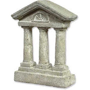 Classical Greek-inspired miniature structure with three columns, ornate pediment, and detailed old world European architectural design.