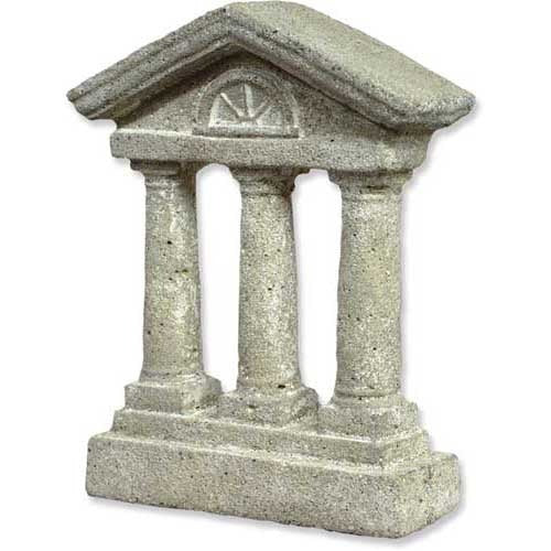 Classical Greek-inspired miniature structure with three columns, ornate pediment, and detailed old world European architectural design.