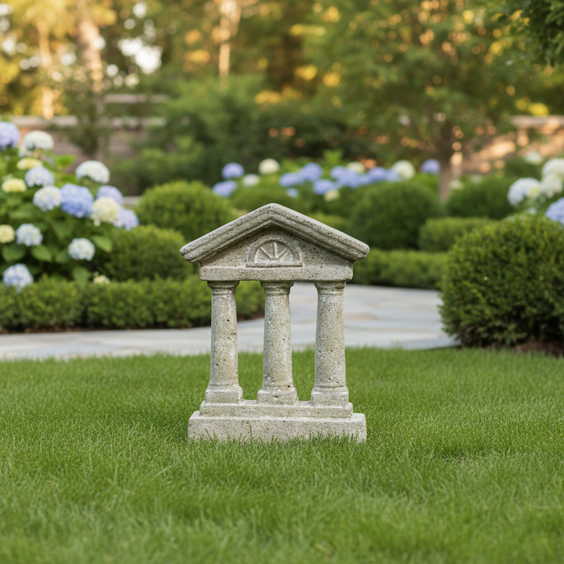 Classical Greek-inspired miniature structure with three columns, ornate pediment, and detailed old world European architectural design. Side Angle