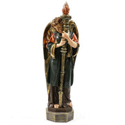 Classical standing angel with large wings holding a tall ornate staff on a rectangular base.