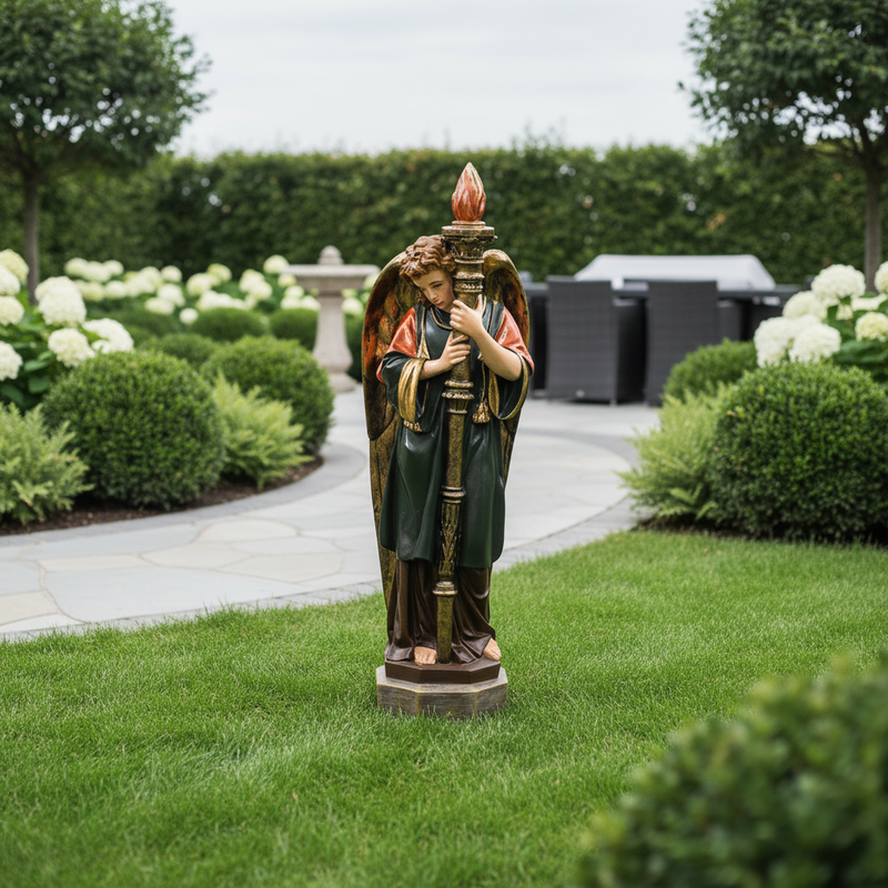 Large Winged Guardian Angels with Candleholder Outdoor Statue (27-Inch)