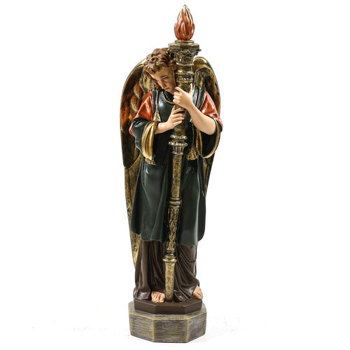 Classical standing angel with large wings holding a tall ornate staff on a rectangular base.