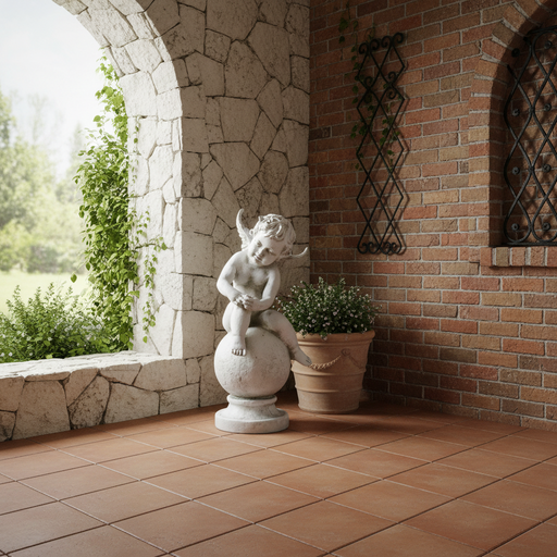Winged Cherub Outdoor Statue (16 - Inch) Side Angle