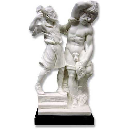 Classical Renaissance-style sculpture depicting two male figures, one bearded and clothed, the other nude, in a dynamic pose.