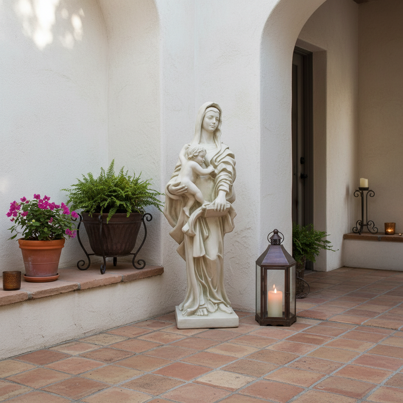 Madonna holding child statue in classical Renaissance style with flowing drapery and serene, old world European expression. Side Angle