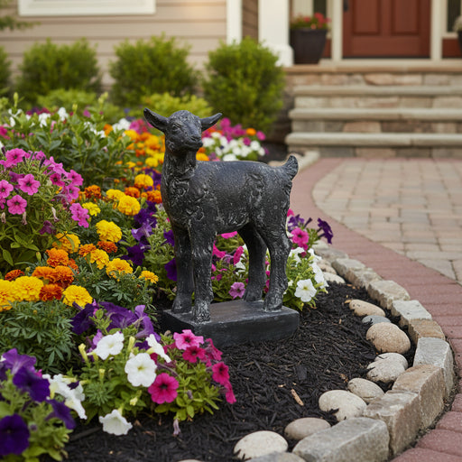 Goat statue with classical old world European style, featuring ornate detailing and a sturdy rectangular base. Side Angle