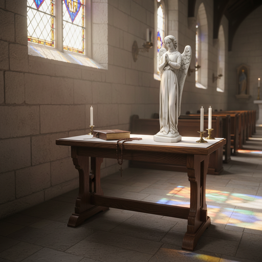 Praying angel statue with detailed wings and flowing robes, featuring classical old world European and Renaissance-inspired design. Side Angle