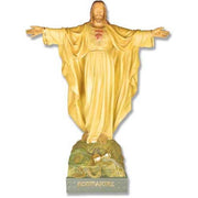 Jesus statue with outstretched arms in ornate, old world European style, featuring classical drapery and detailed base.