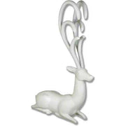 Reclining deer figurine with elongated, ornate antlers in a classical old world European style.