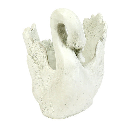 Swan planter with detailed feathers, sculpted in an old world European style with classical, ornate accents and graceful curves.