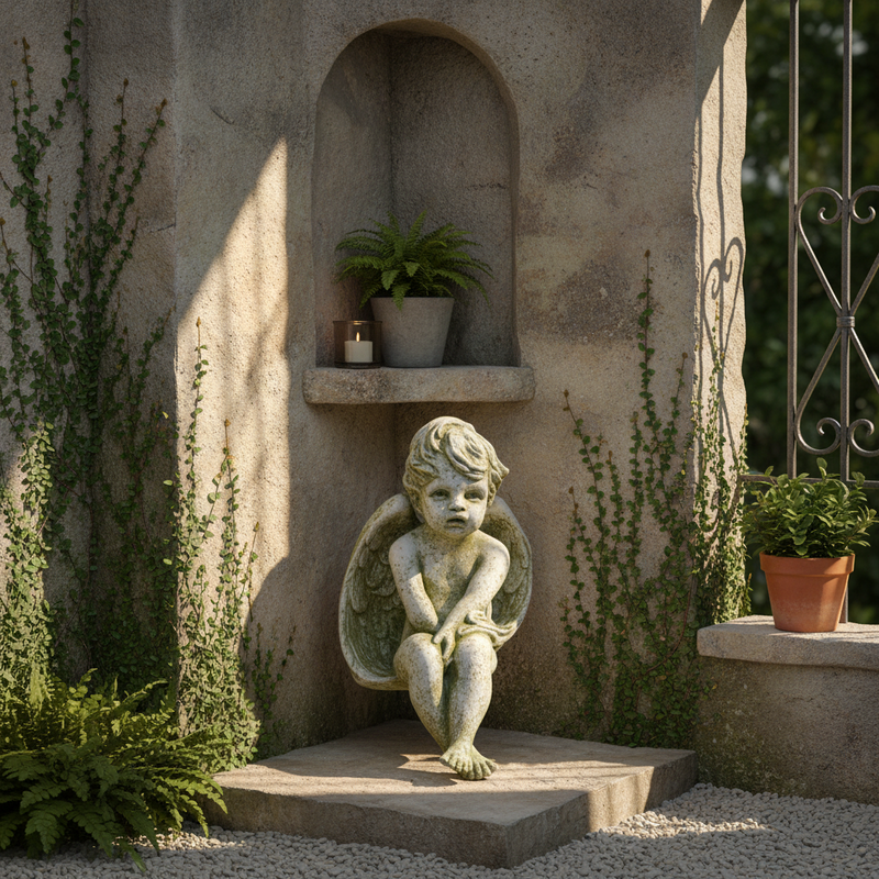 Sad Winged Cherub Outdoor Statue (15 - Inch) Side Angle