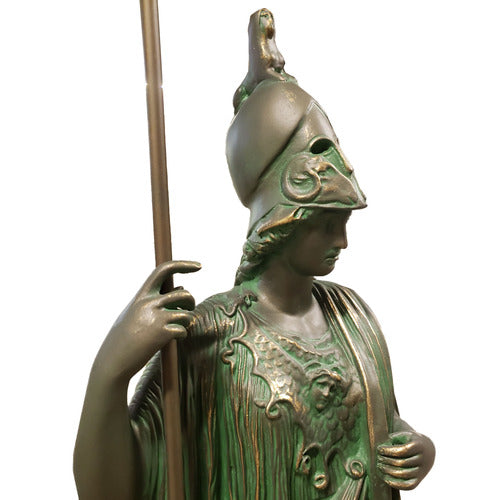 Classical Greek warrior goddess statue in ornate armor and helmet, holding a spear, featuring detailed drapery and intricate embellishments. Other Angle